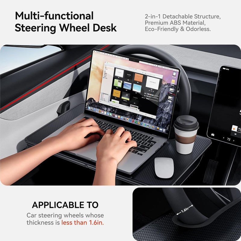 YONZEE 2-in-1 Car Steering Wheel Desk Tray & Car Seat Gap Filler Organizer – Foldable Carbon Fiber Look Table for Laptop, Eating Food, Writing – for Standard Round Steering Wheels - Image 5